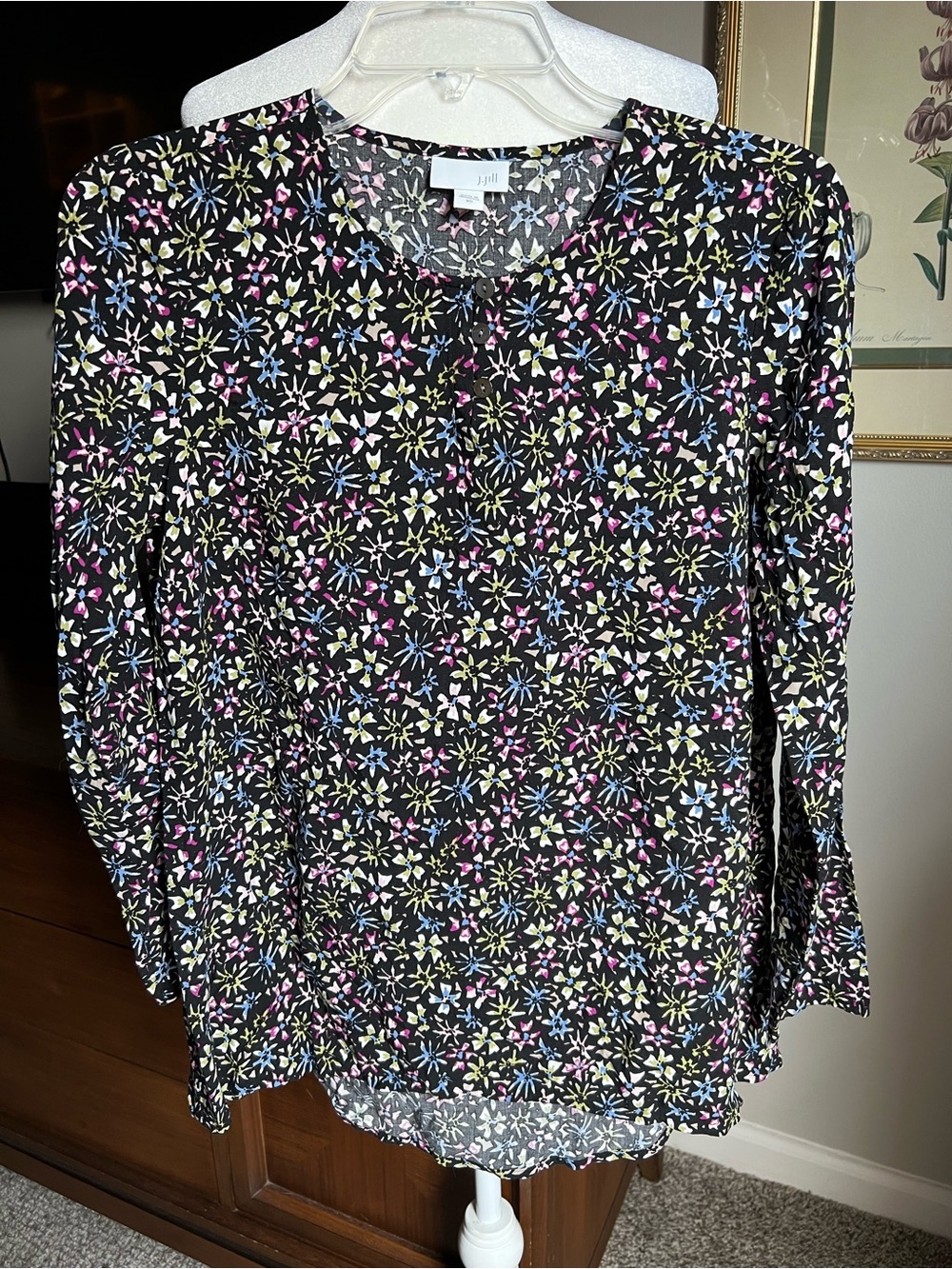 J. Jill Black Floral Scatter Print Long-Sleeve Blouse